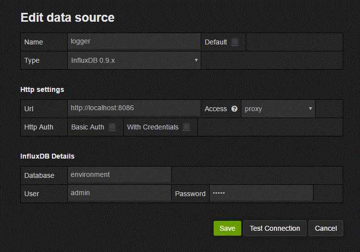 Create the 'logger' InfluxDB database as a Datasource